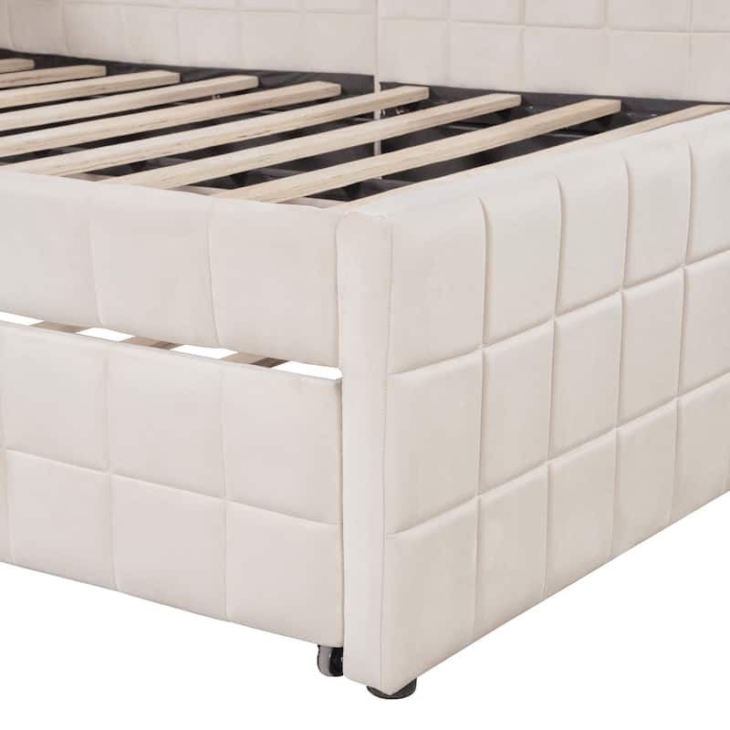 Modern L-Shaped Upholstered Daybed with Twin Pop-Up Trundle & Built-in USB Ports