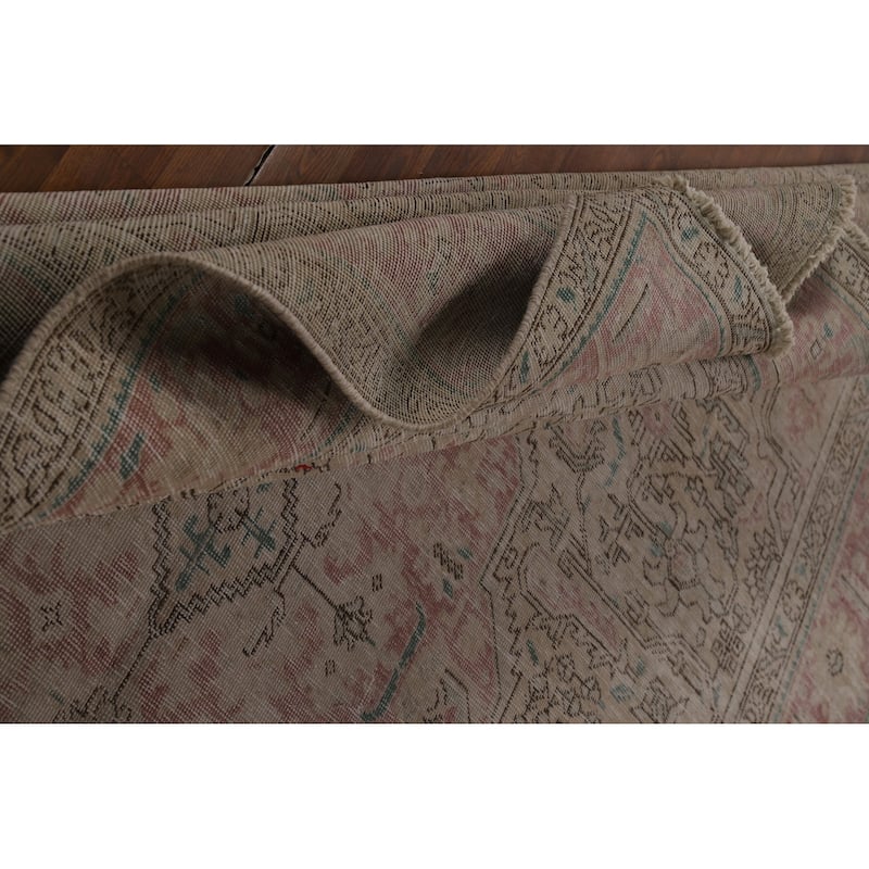 Geometric Beige Tabriz Persian Vintage Rug Hand-Knotted Wool Carpet - 7'10" x 11'0"