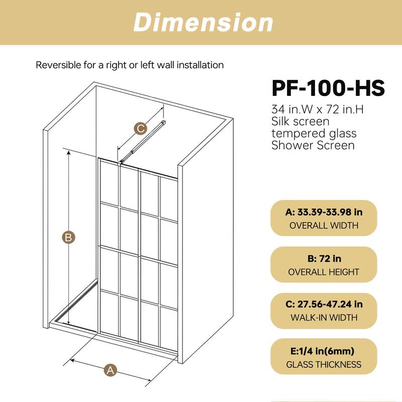 GDFStudio - Emerson Frameless Style Shower Screen with Silk-Printed Tempered Glass and Support Bar - 34" Width x 72"Height