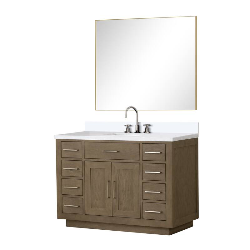 Abbey 48 in W x 22 in D Black Oak Single Bath Vanity, White Quartz Top, Faucet Set, and 46 in Mirror
