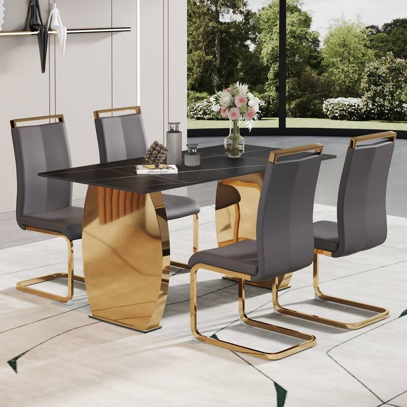 Modern Dining Set with Sintered Stone Table & PU High Back Chairs