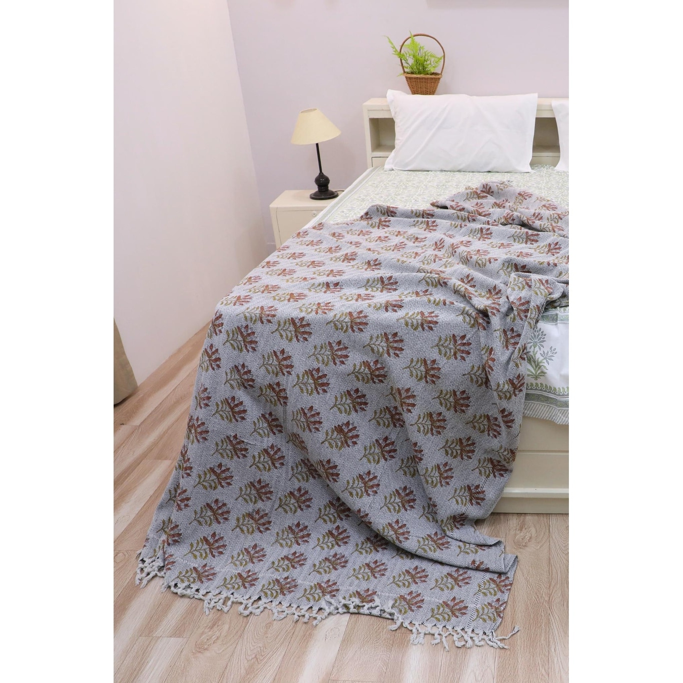 Fabdivine Summer Flower Handwoven Cotton Blanket - Modern Block Print Throw with Boho Accent and Handcrafted Fringe, 90" x 54"
