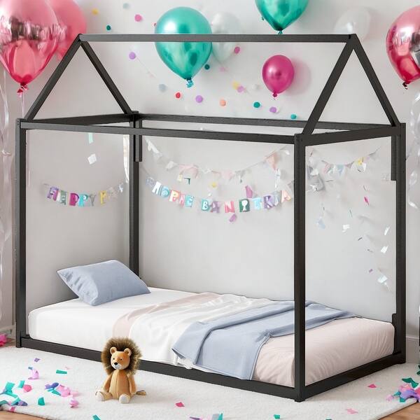slide 2 of 24, Kids and Baby Twin Size Metal House Shape Platform Bed,Sturdy Frame For Home Black
