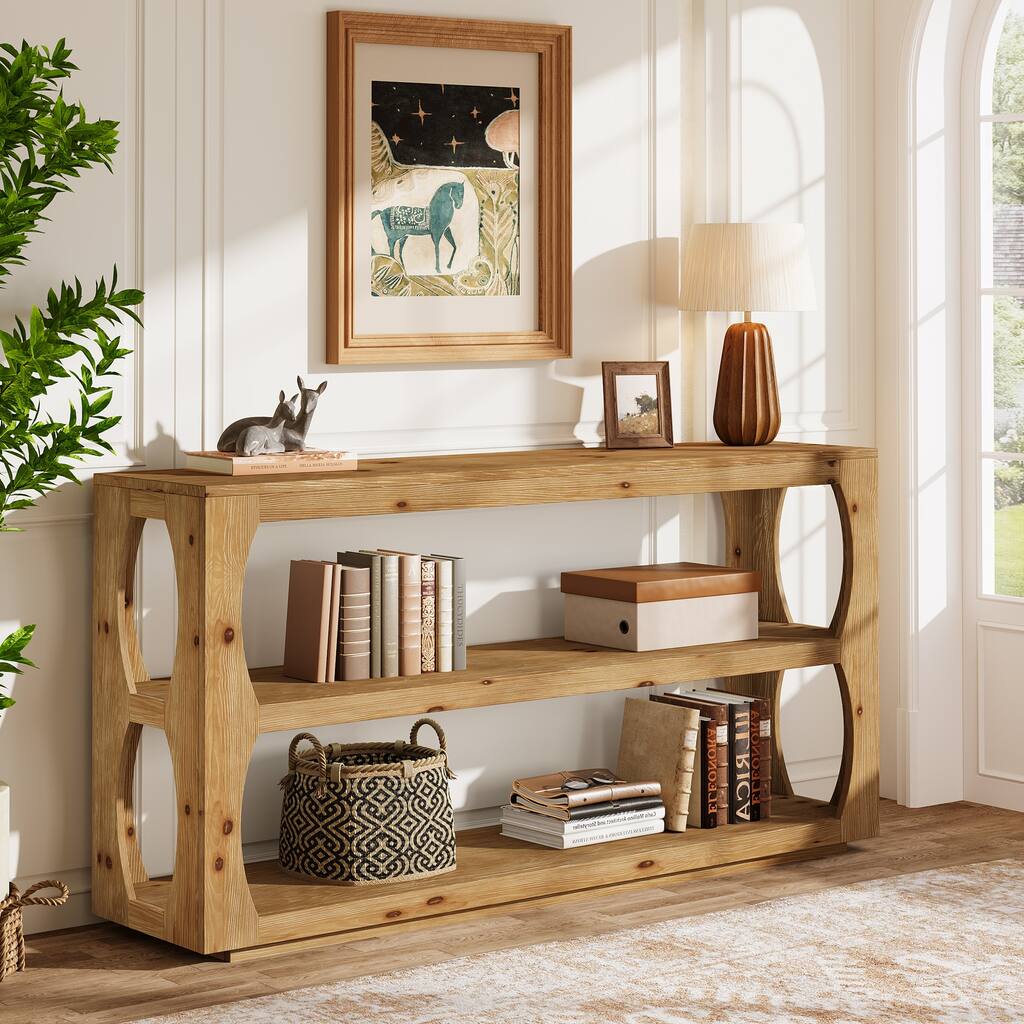 63 Inch Solid Wood Console Table for Entryway, 3 Tier Narrow Long Sofa Table for Living Room, Hallway