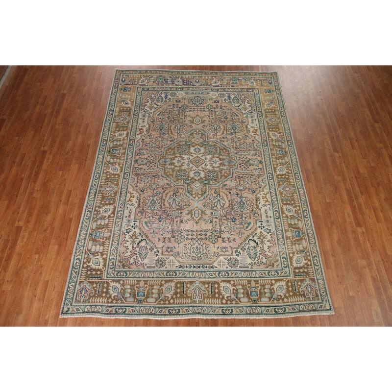 Geometric Tabriz Persian Vintage Rug Handmade Living Room Wool Carpet - 7'11" x 11'1"