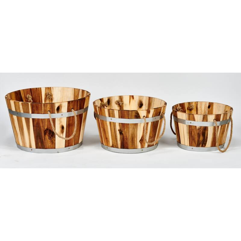 Natural Acacia Wood Barrel Planters with Rope Handles, Set of 3 - 15