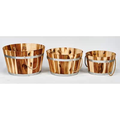 Natural Acacia Wood Barrel Planters with Rope Handles, Set of 3 - 15