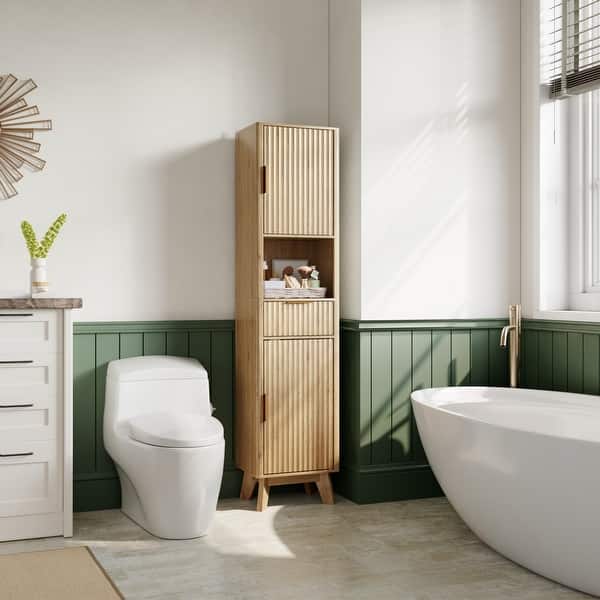 slide 2 of 21, Garvee 67" Tall Freestanding Narrow Raised Bathroom Laundry Storage Cabinet with Drawer Natural Wood