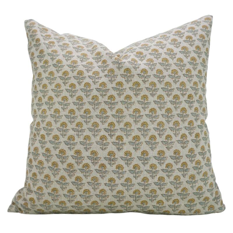 Fabdivine 12x20 Handmade Pure Linen Cushion Cover Floral Mustard Ideal for Sofa, Floral Block Print, Accent Décor, Bagru Buti - Pillow Covers - Gulmohar- Yellow, Light Blue - 14" x 36"
