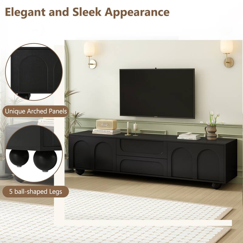 Elegant Cream TV Stand for 75" Screens - Arched Cabinet Doors, 2 Drawers & Iron Legs, Safety Rebound Feature