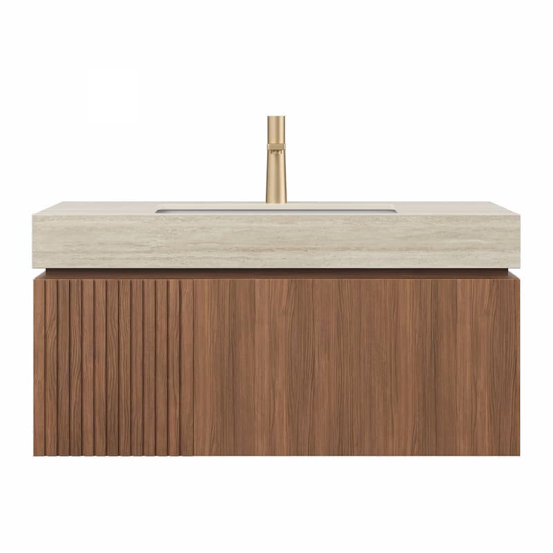 GDFStudio - Muri 36" Floating Bathroom Vanity with Travertine-Pattern Sintered Stone Countertop & Basin, WITHOUT Faucet