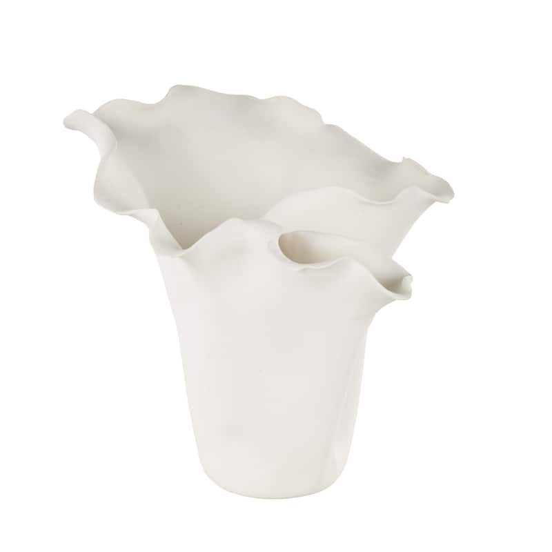 Ceramic Abstract Floral Inspired Vase with Wavy Folded Rim - White or Black - Roche River Decor