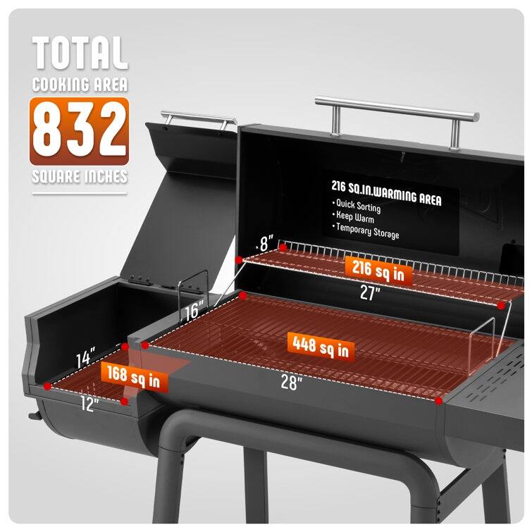 Feasto 28in Charcoal Barrel Grill With Offset Smoker Grill and Side Table