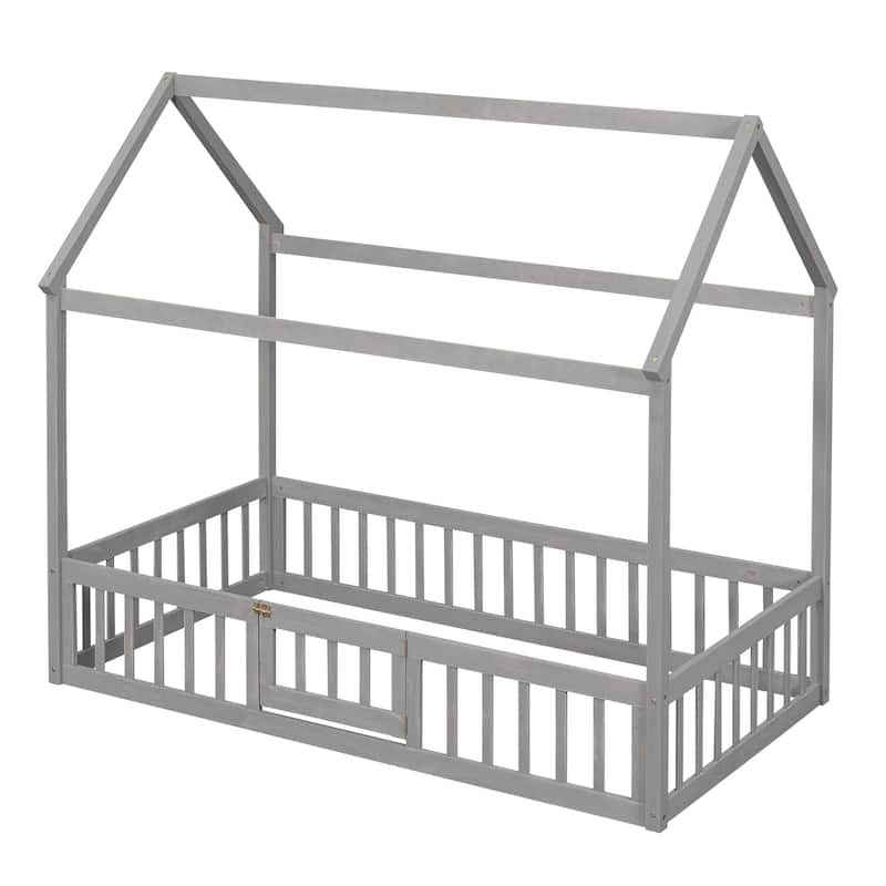 Twin Size Wood House Bed with Fence and Door