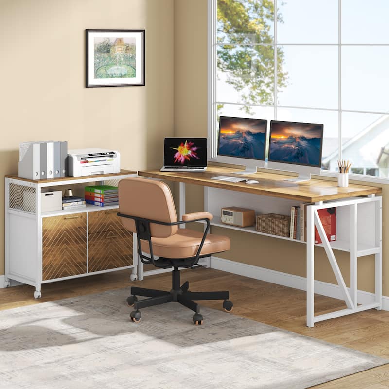 L Shaped Desk with Drawer, Executive Desk and lateral File Cabinet, 2 Piece Home Office Furniture