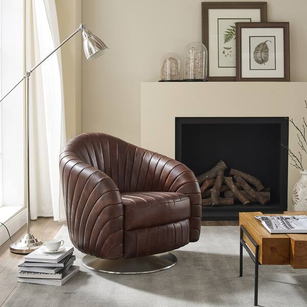 Art Leon Industral Rustic Top Grain Leather Swivel Barrel Accent Chair - Overstock - 33234374