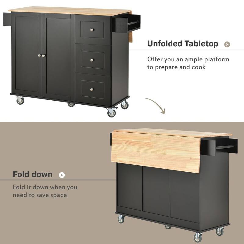 Rolling Mobile Kitchen Island with Wheels Drop Leaf, Solid Wood Top