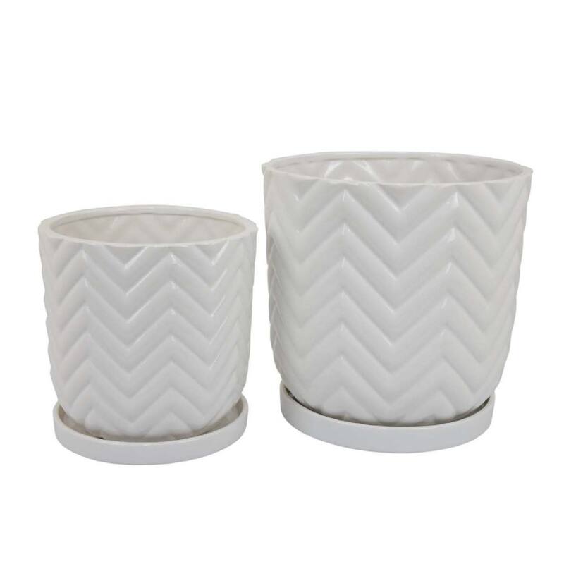 2 Pack White Glossy Wave Texture Plant Ceramic Planter with Saucers
