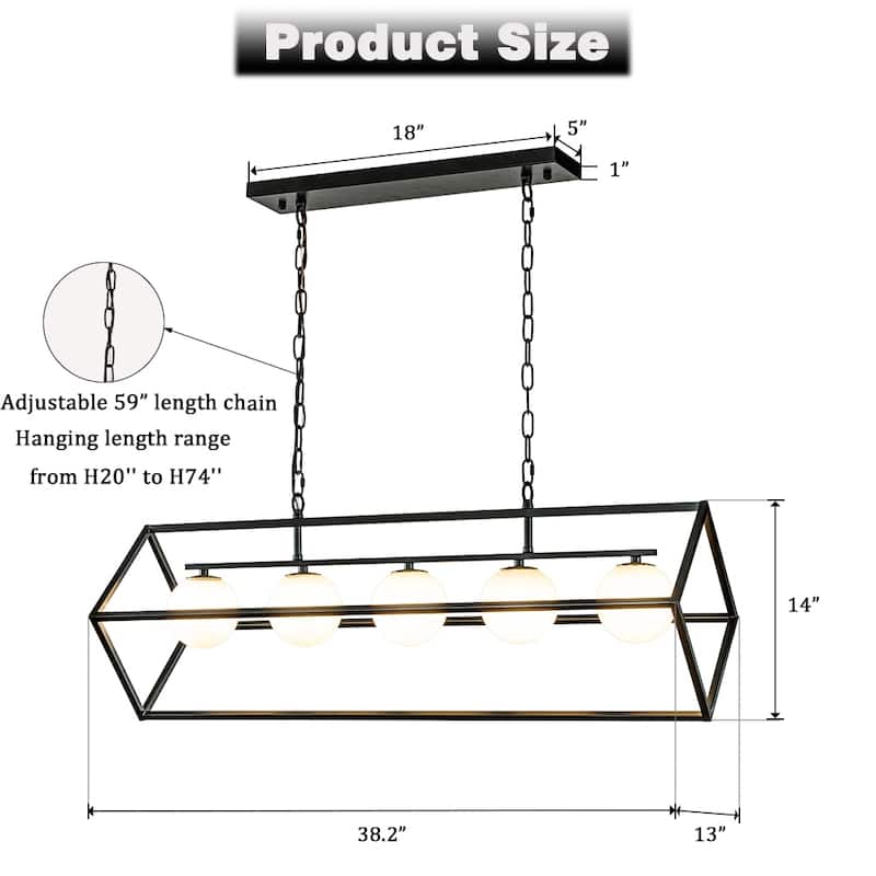 CraftHome 5-Light Matte Black Modern Industrial Linear Chandelier White Glass Pendant Fixture for Kitchen Island Lighting Decor