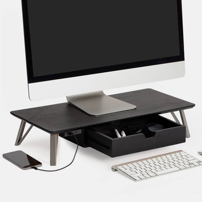 Jani Wood Monitor Stand Riser Desk - Ergonomic Design Stand, Desktop Organizer Table for Home, Office Workspace, Gaming Desk - Black