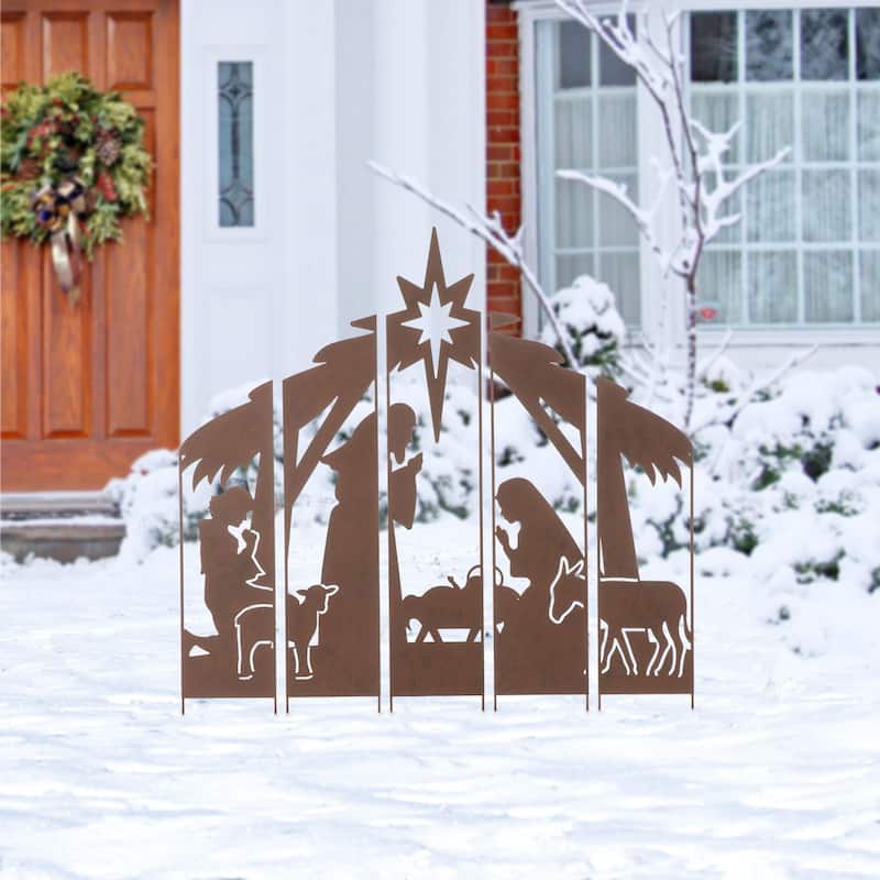 Glitzhome 41.5"H Metal Snowman Family or Nativity Combo Yard Stake Christmas Decor