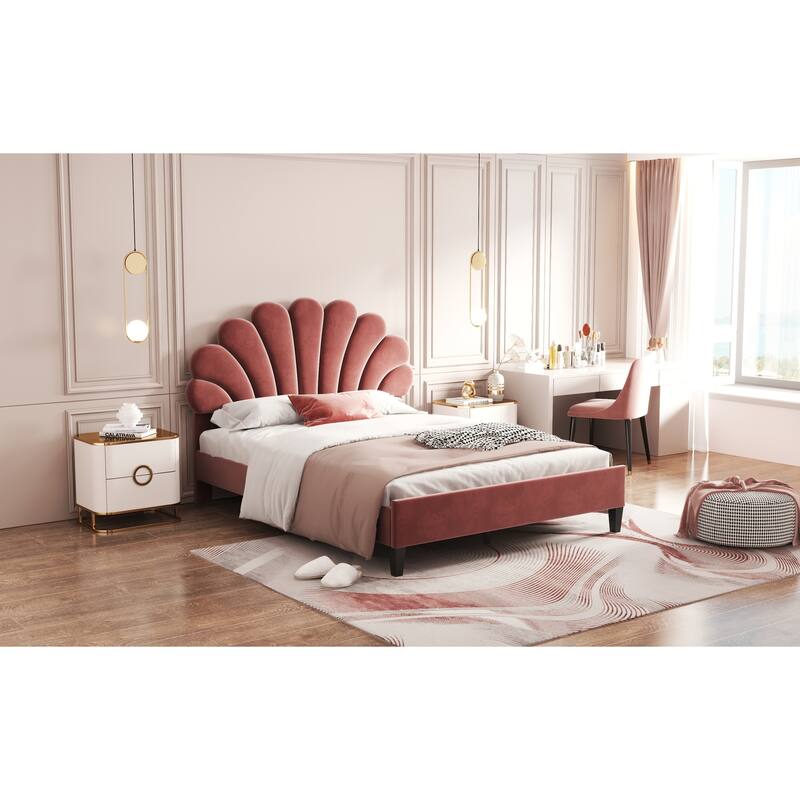 Full Size Upholstered Platform Bed with Velvet Headboard, Red/Beige