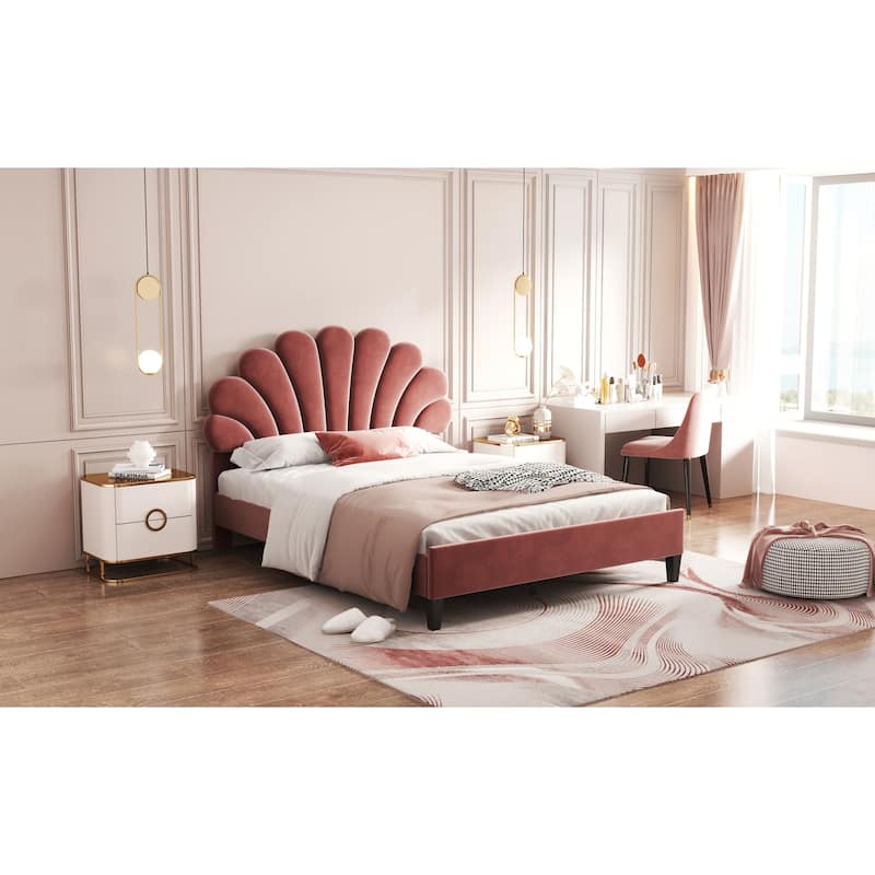 Red Velvet Full Bed with Flower Headboard