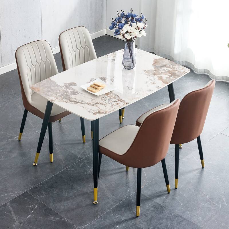 5-Piece Kitchen Table Set with 4 PU Curved Chair Cushion, Dining Table Set with Marble Table Top for Dining Room