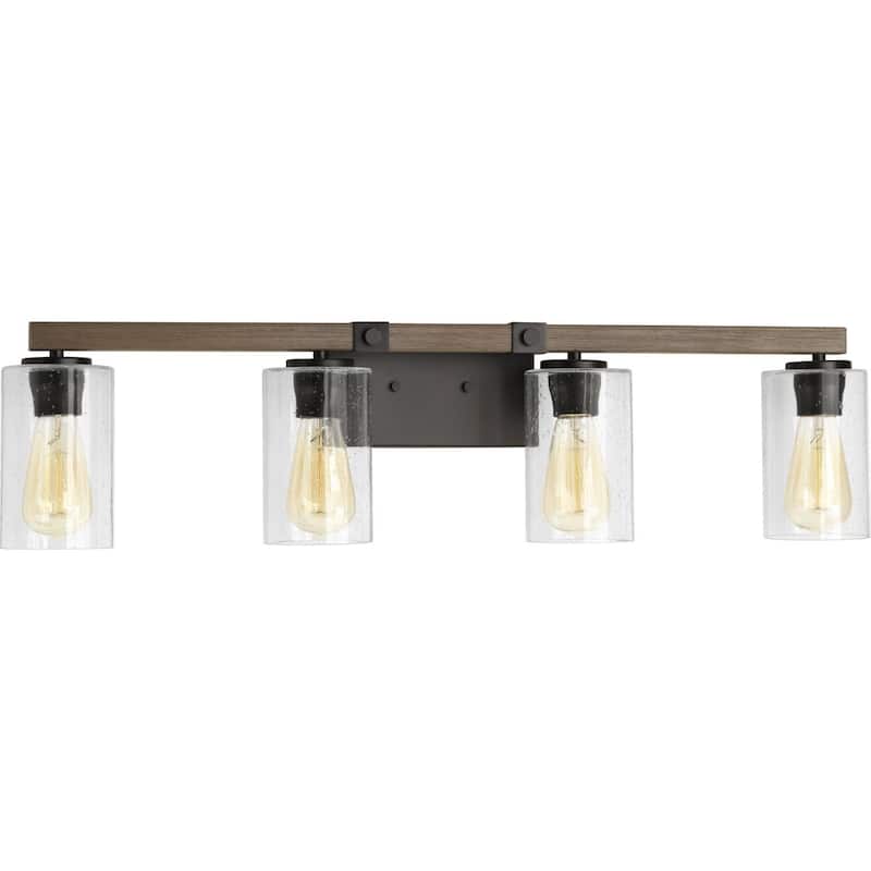 Barnes Mill Collection Four-Light Antique Bronze Clear Seeded Glass Farmhouse Bath Vanity Light - 32.25 in x 5.875 in x 8 in