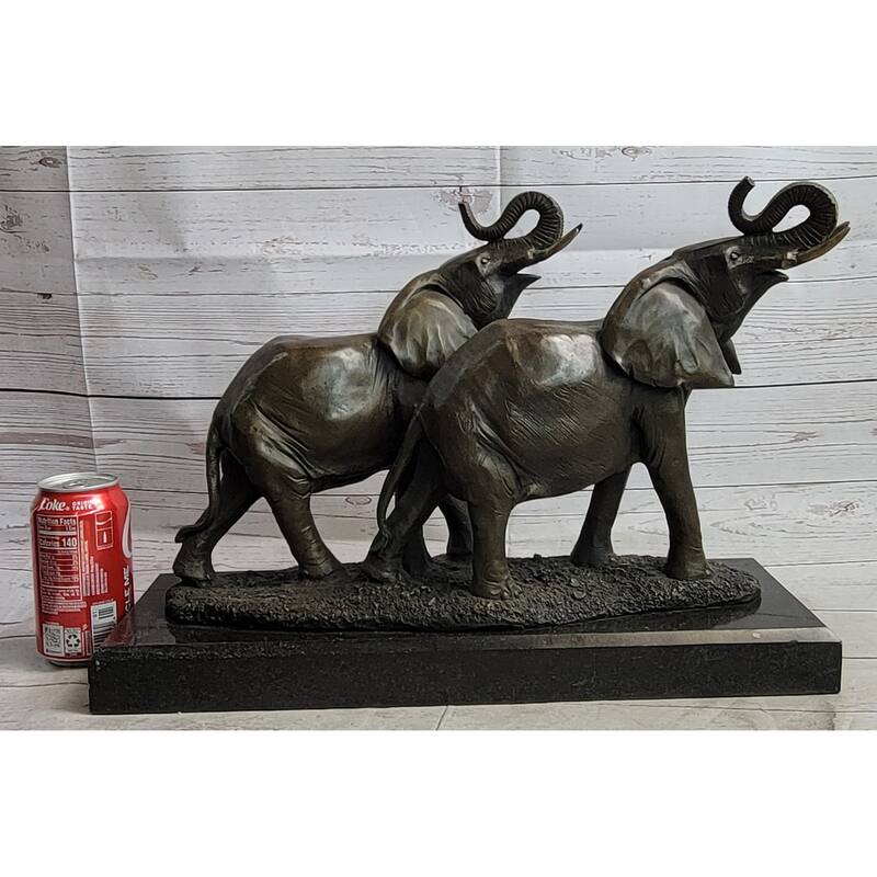Two Trumpeting Imitative Elephants Bronze Metal Statue Sculpture Figure Decor On Marble Base