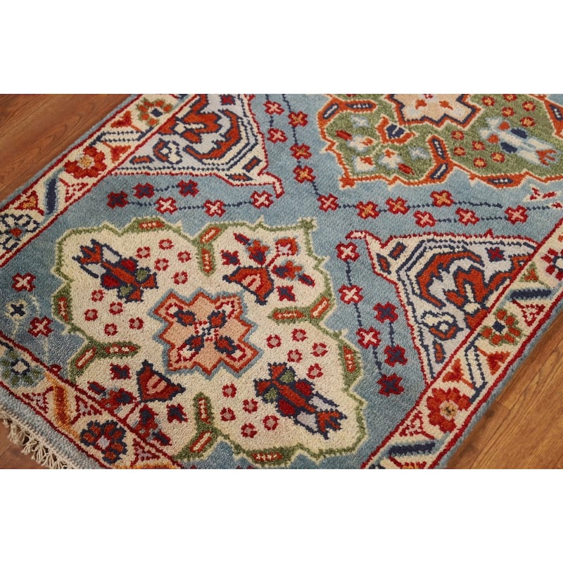 Light Blue Geometric Kazak Indian Runner Rug Hand-Knotted Wool Carpet - 2'7"x 7'10"