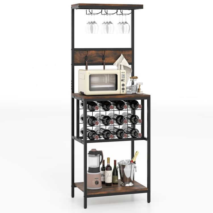 Rustic Brown Engineered Wood Wine Rack with Metal Frame and Stemware Storage - 21.5" L x 14.5" W x 61.5" H