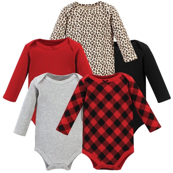 slide 1 of 1, Hudson Baby Infant Girl Thermal Long Sleeve Bodysuits, Buffalo Plaid Leopard Newborn - Buffalo Plaid Leopard