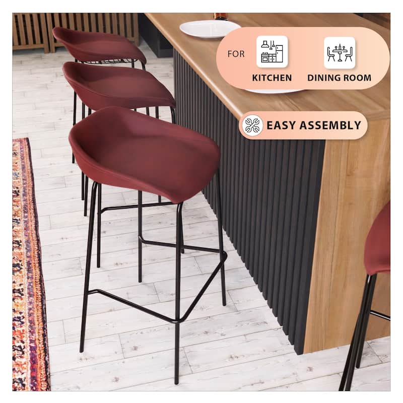 Servo Modern Leather Bar Stool with Saddle Seat, Low Back, Iron Base, Footrest, Cushioned Comfort for Kitchen & Home Bar