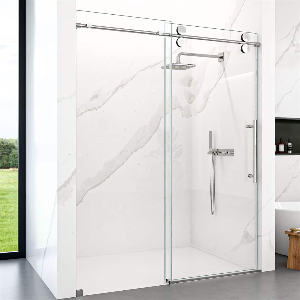 Frameless Clear Tempered Glass Single Sliding Shower Door w/ 5/16" Thick