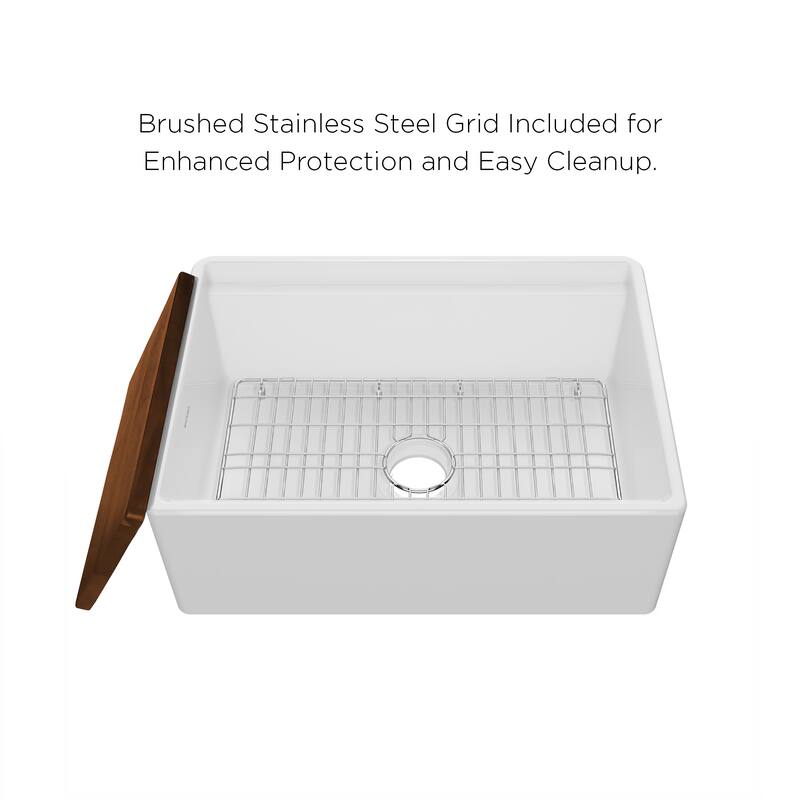 Front apron single bowl fireclay kitchen sinks with walnut wood cutting board and stainless steel grid