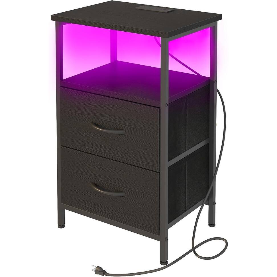 Nightstand with Charging Station, LED with 2 Drawers 15"D x 24.4"W x 11.8"H
