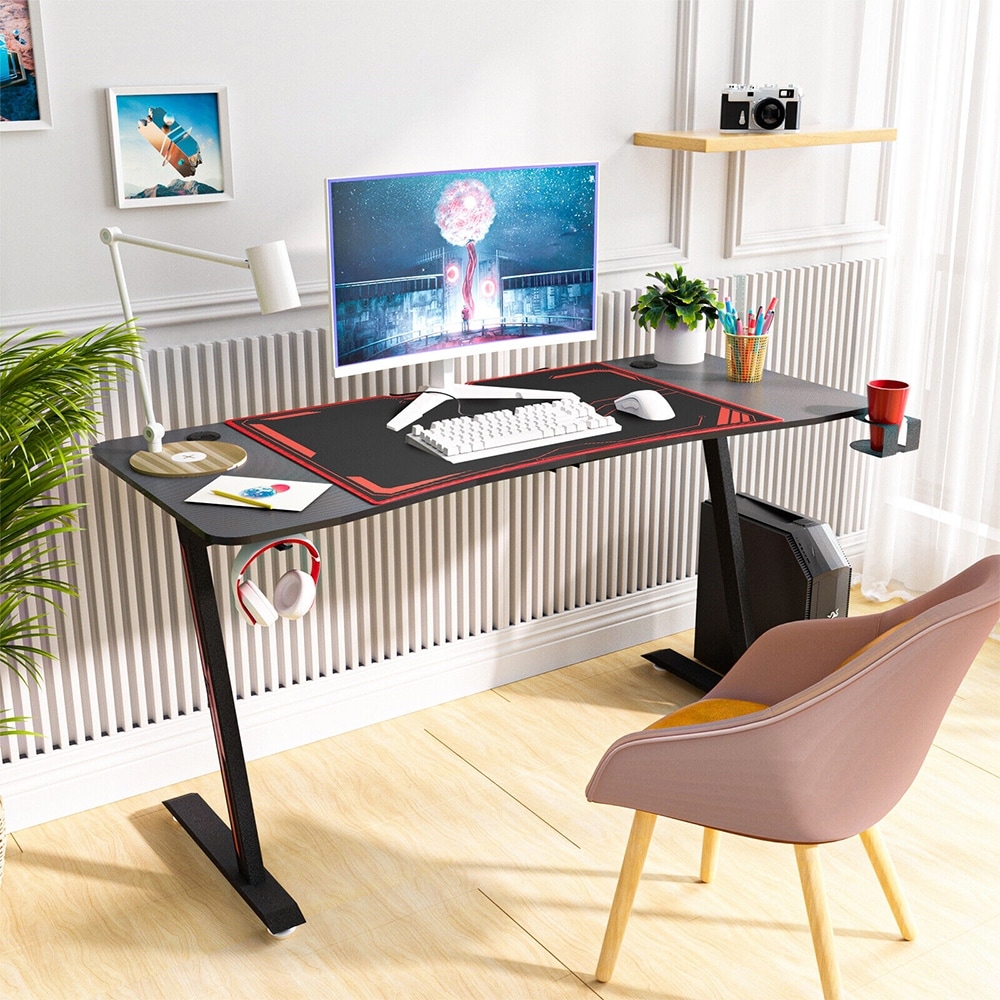 White Computer Gaming Desk with LED Lights&Hutch, 55 Large PC
