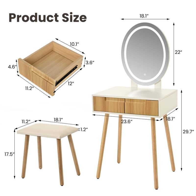 Small Vanity Desk with Mirror and Lights, Wooden Handles with Cushioned Stool
