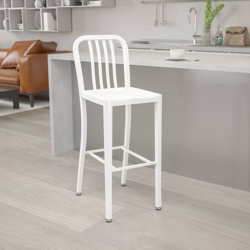 30'' High Metal Indoor-Outdoor Barstool with Vertical Slat Back - White