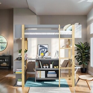 Full Size Wood Loft Bed With Cabinet and Cubes, Foldable desk, Grey