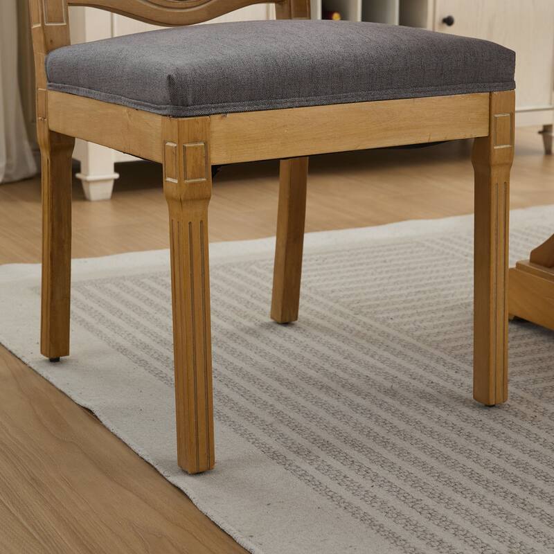 Linen Upholstered Dining Chairs Set of 2, Solid Wood Kitchen Side Chairs, Armless Lounge Chair with Rattan-Back