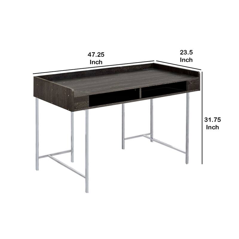 Wooden Desk with Metal Base and Open Compartments, Brown