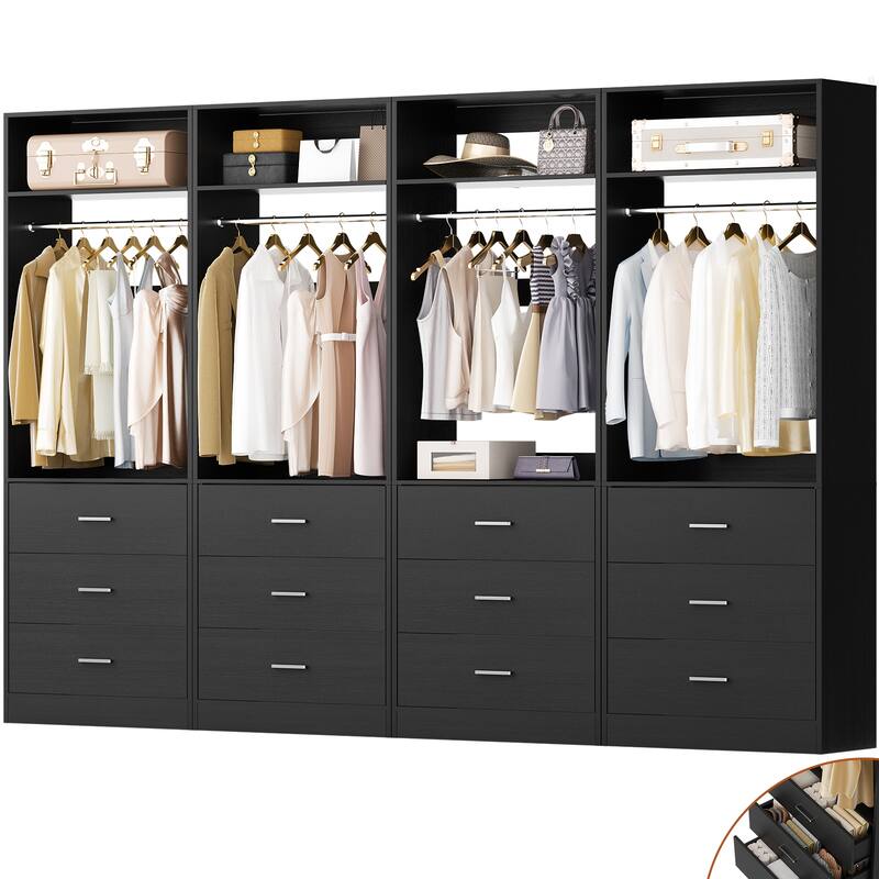 Kyrvo Freestanding Closet Sytem with 3 Wooden Drawers and Hanging Rod and Storage Shelf, Walk-in Closet Organizer Wardrobe