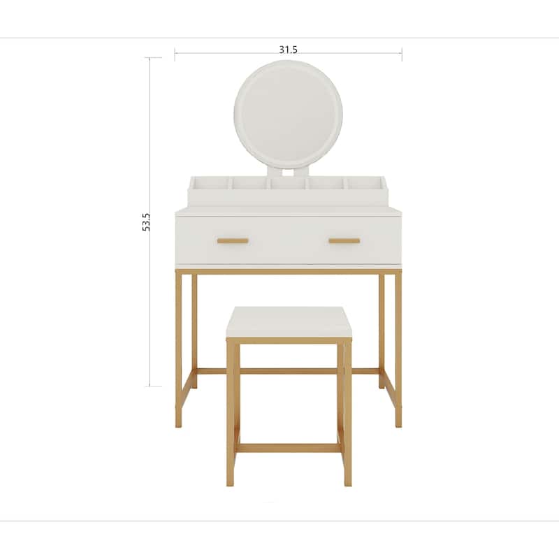 Vanity Set with Mirror and Stool - Makeup Vanity Table with Storage Drawers and Organizer, White and Gold, Space-Saving Design