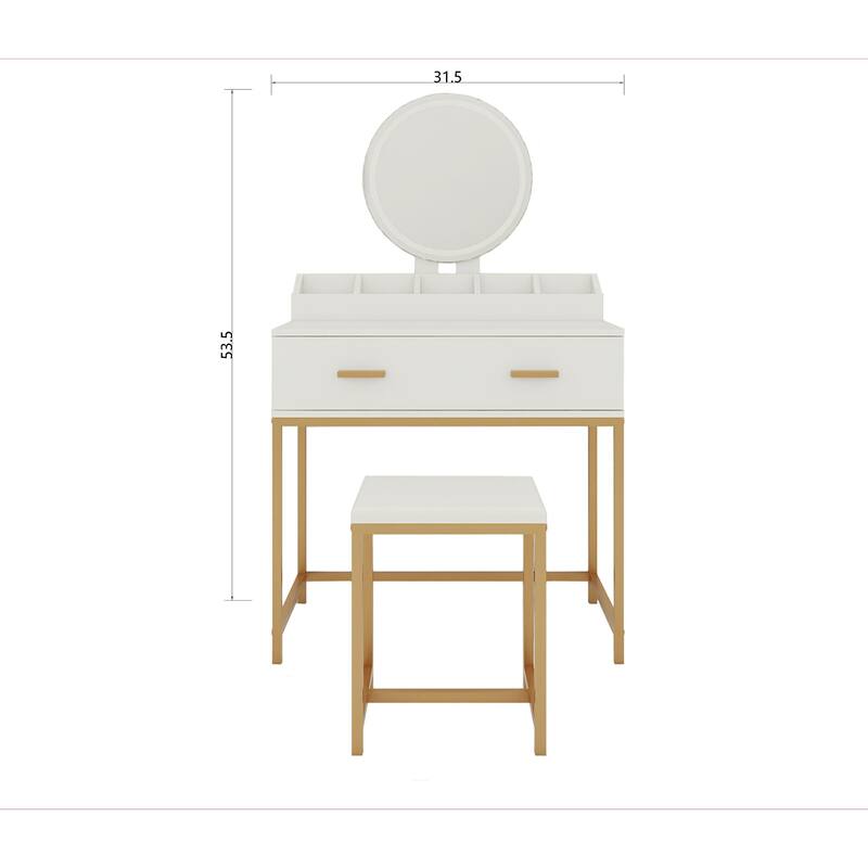 White & Gold Vanity Set with Mirror and Stool, Makeup Table with Drawers and Organizer, Compact Space-Saving Design