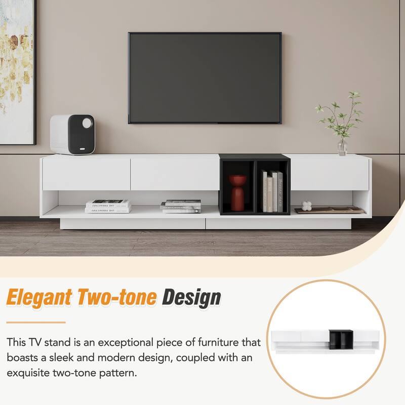 Modern Minimalist 2-Tone TV Stand, for TVs Up to 80" with 3 Drawers and Versatile Compartment, for Living Room, White