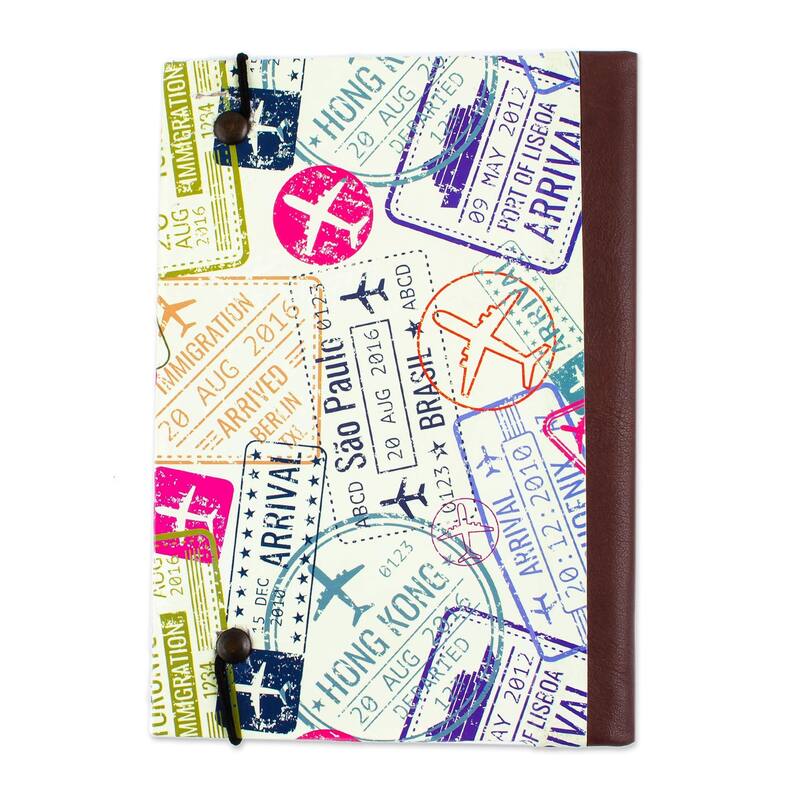 Novica Handmade Passport Stamps Leather Trimmed Recycled Paper Journal