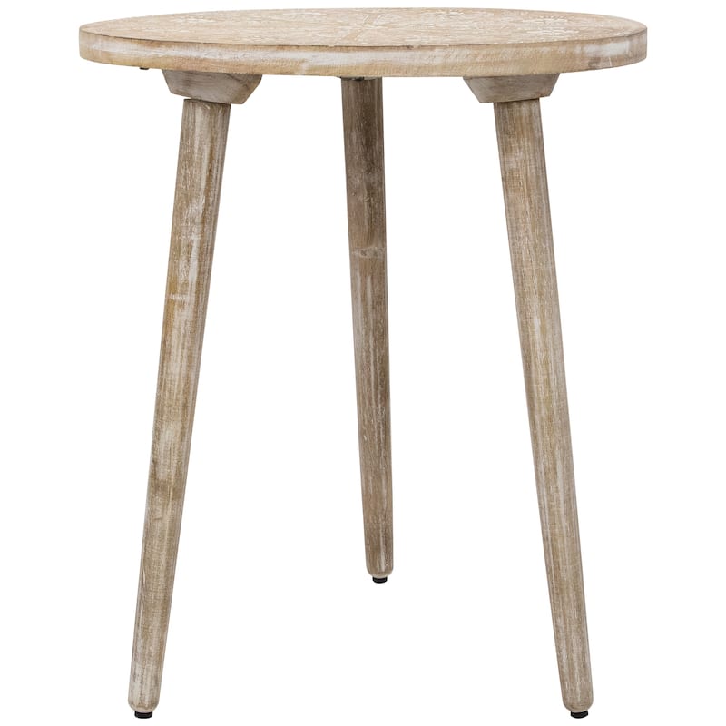 22" Brushed White Engraved Floral Round Tri Leg Wooden Side Table