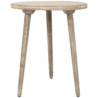 22" Brushed White Engraved Floral Round Tri Leg Wooden Side Table